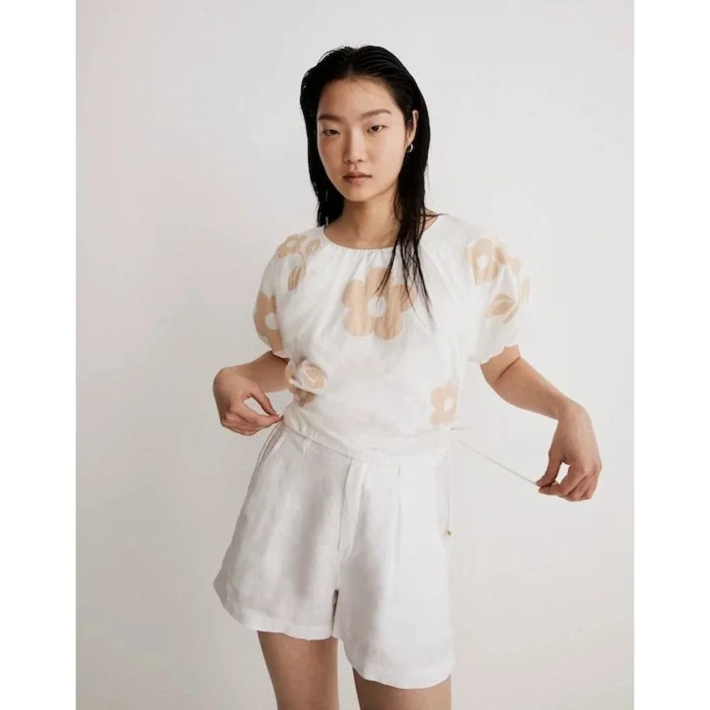 Madewell White Embroidered Flower Poplin Puff Sleeve Cutout Crop top Size Medium